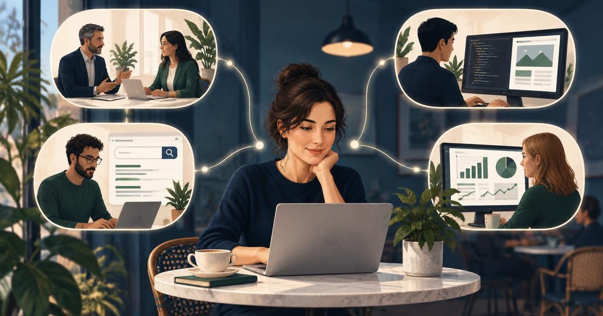Independent marketing manager working from a laptop while coordinating a client meeting and search, website and analytics specialists.