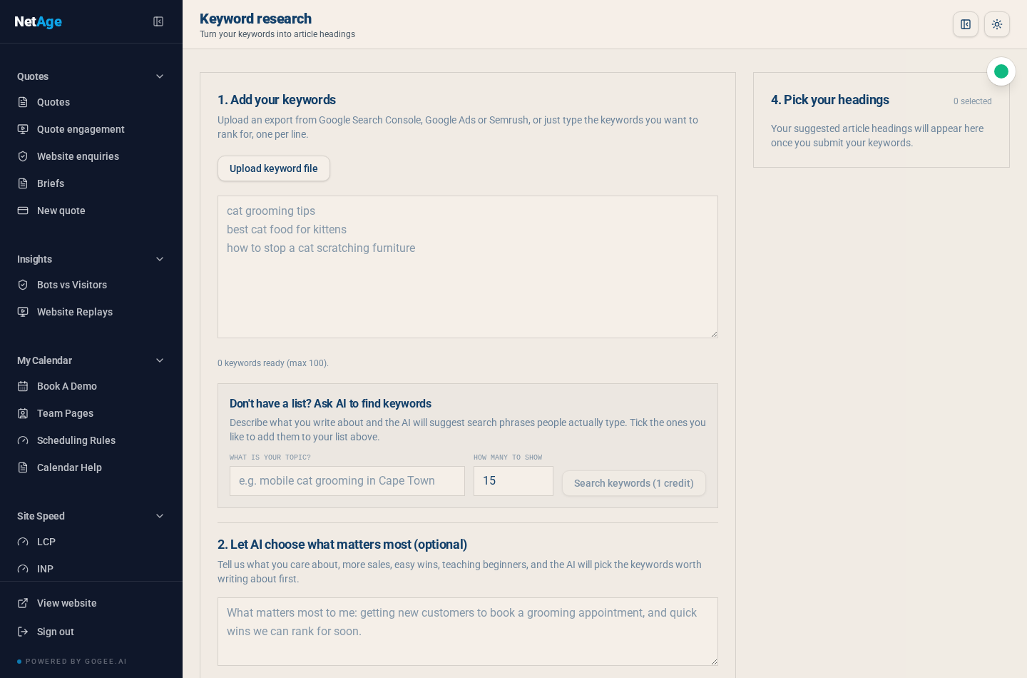 The keyword research screen in blog.gogee.ai, where keyword exports are uploaded or generated with AI and turned into suggested article headings