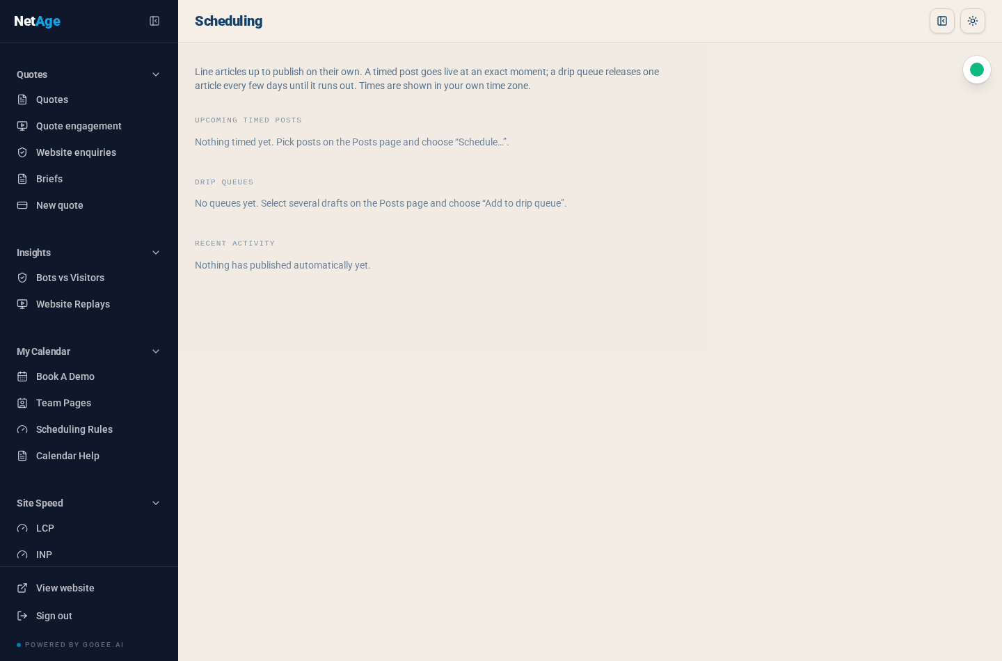 The scheduling screen in blog.gogee.ai showing upcoming timed posts, drip queues and a log of automatic publishing activity